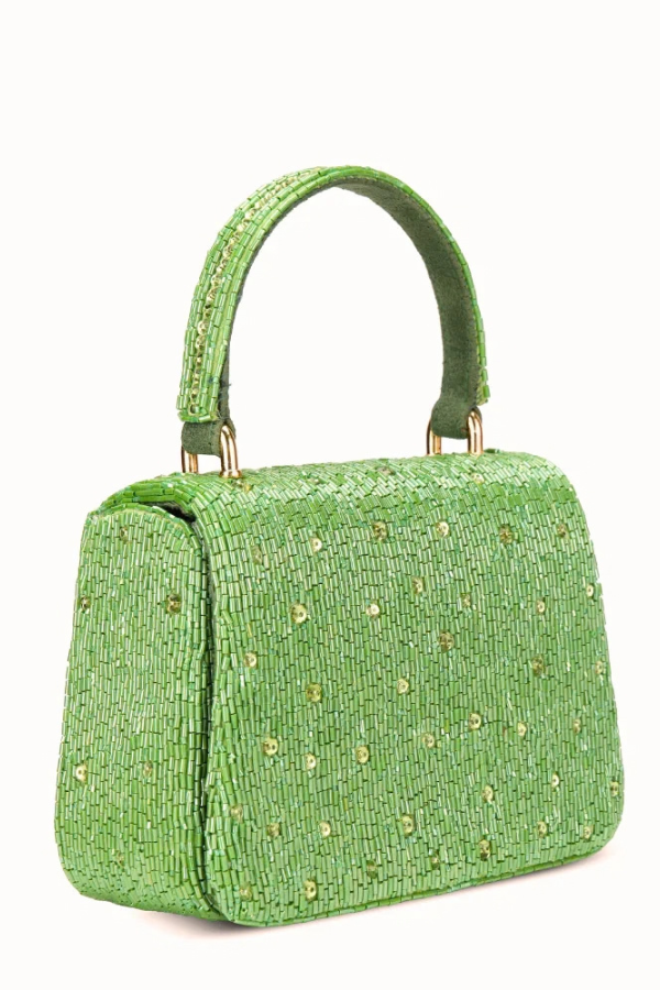 Lime Green Beaded Top-Handle Bag